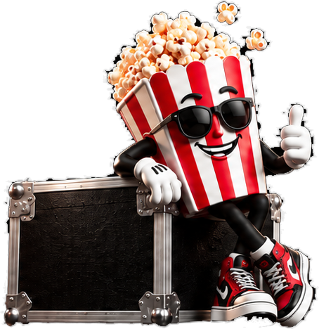 La mascota de Cinepocket, un pochoclo con anteojos, apoyada en un flight case con el pulgar arriba
